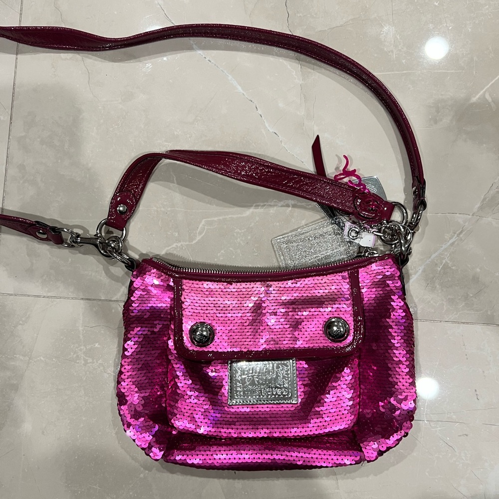 Coach Poppy Pink Sequin Crossbody Purse/Bag with Charms